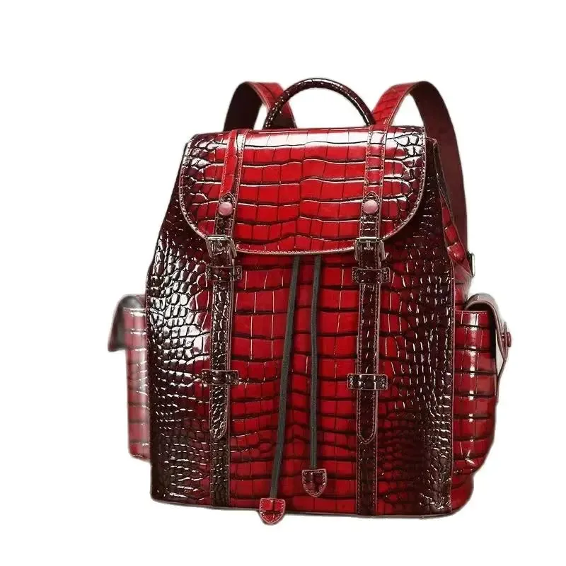 Sleek Croc Embossed Leather Backpack - Blue/Brown/Gray/Red - One Size