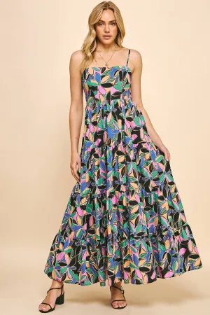 SLEEVELESS TIERED MAXI DRESS - BLACK MULTI