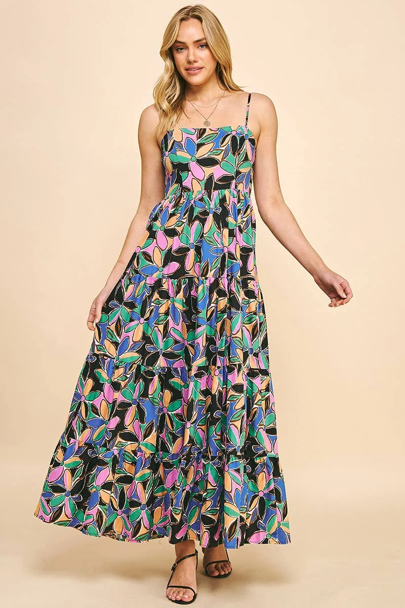 SLEEVELESS TIERED MAXI DRESS - BLACK MULTI