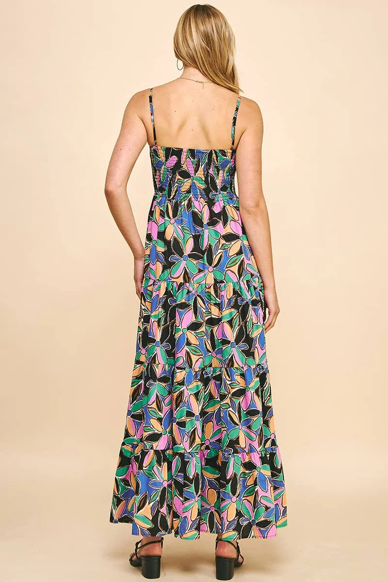 SLEEVELESS TIERED MAXI DRESS - BLACK MULTI