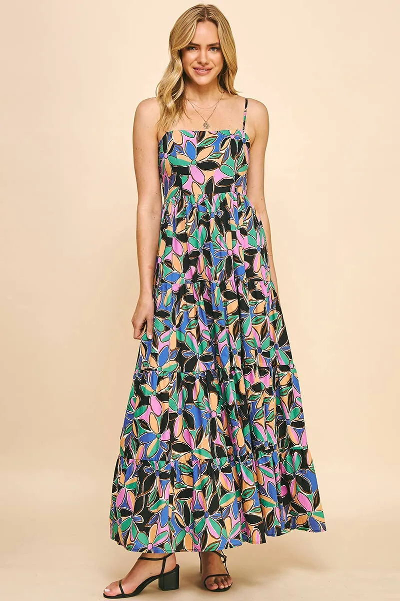 SLEEVELESS TIERED MAXI DRESS - BLACK MULTI