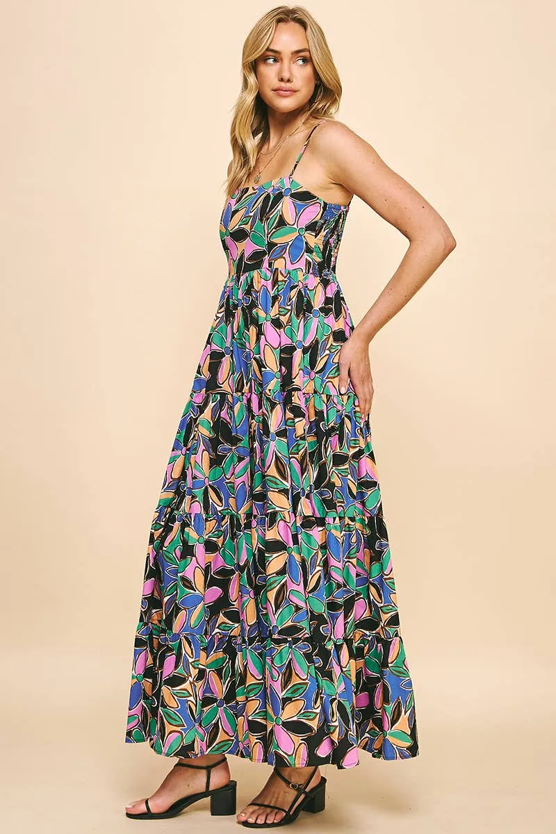 SLEEVELESS TIERED MAXI DRESS - BLACK MULTI