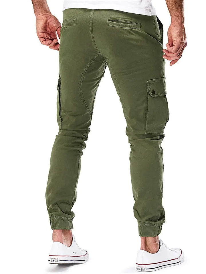 Solid Color Ankle Banded Pants With Multiple Pockets