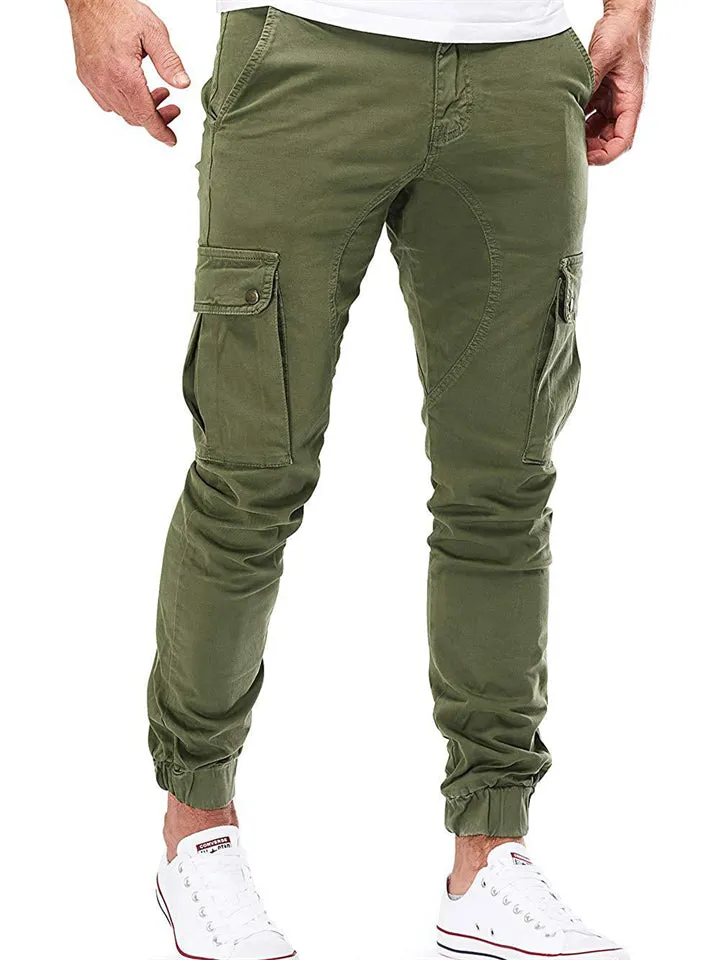 Solid Color Ankle Banded Pants With Multiple Pockets