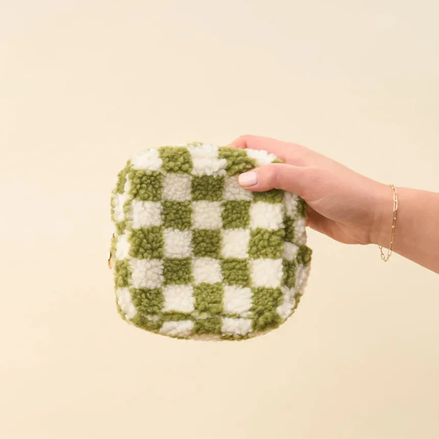 Square Teddy Zippered Pouch - Check Green