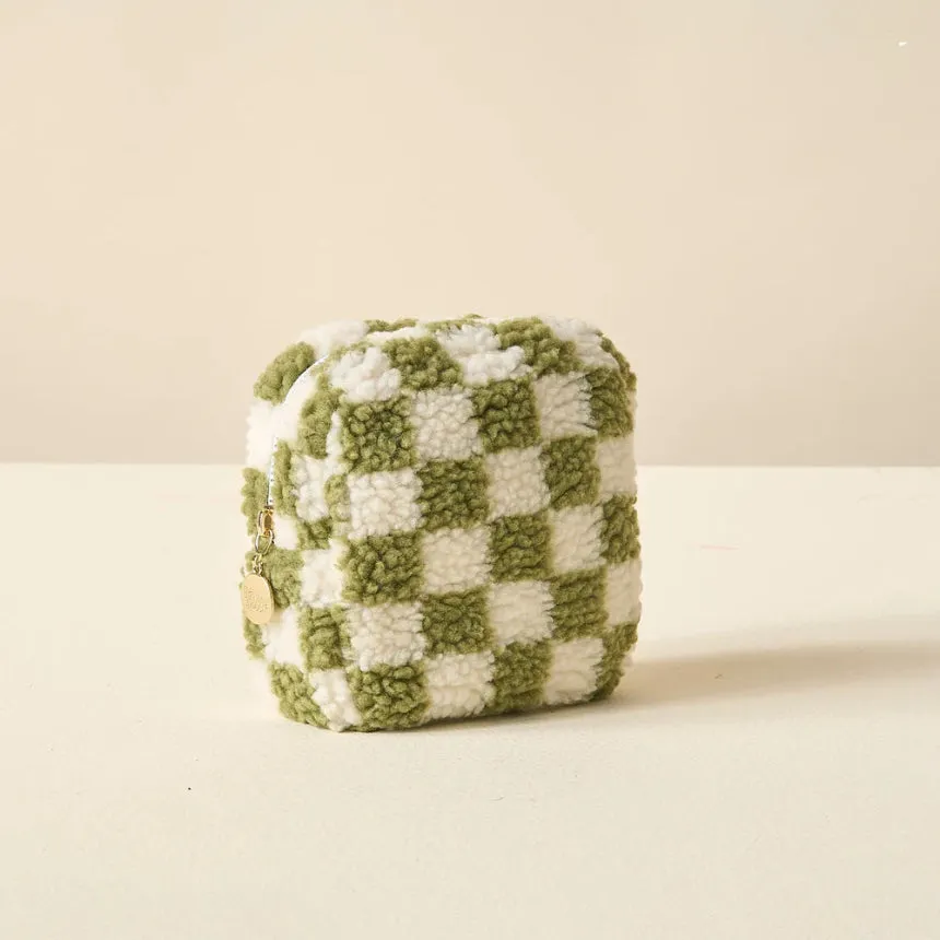 Square Teddy Zippered Pouch - Check Green
