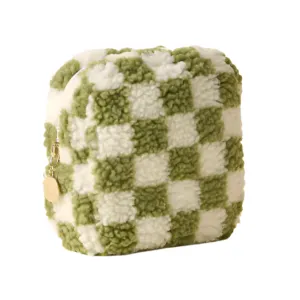 Square Teddy Zippered Pouch - Check Green