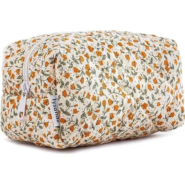 Storage Organizer Floral Puffy Quilted Makeup Bag Flower Printed Cosmetic Pouch Large Travel Cosmetic Bag Makeup Accessory