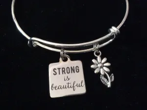 Strong is Beautiful Stainless Steel Charm on Silver Expandable Bracelet Adjustable Wire Bangle Handmade Stacking Gift Trendy