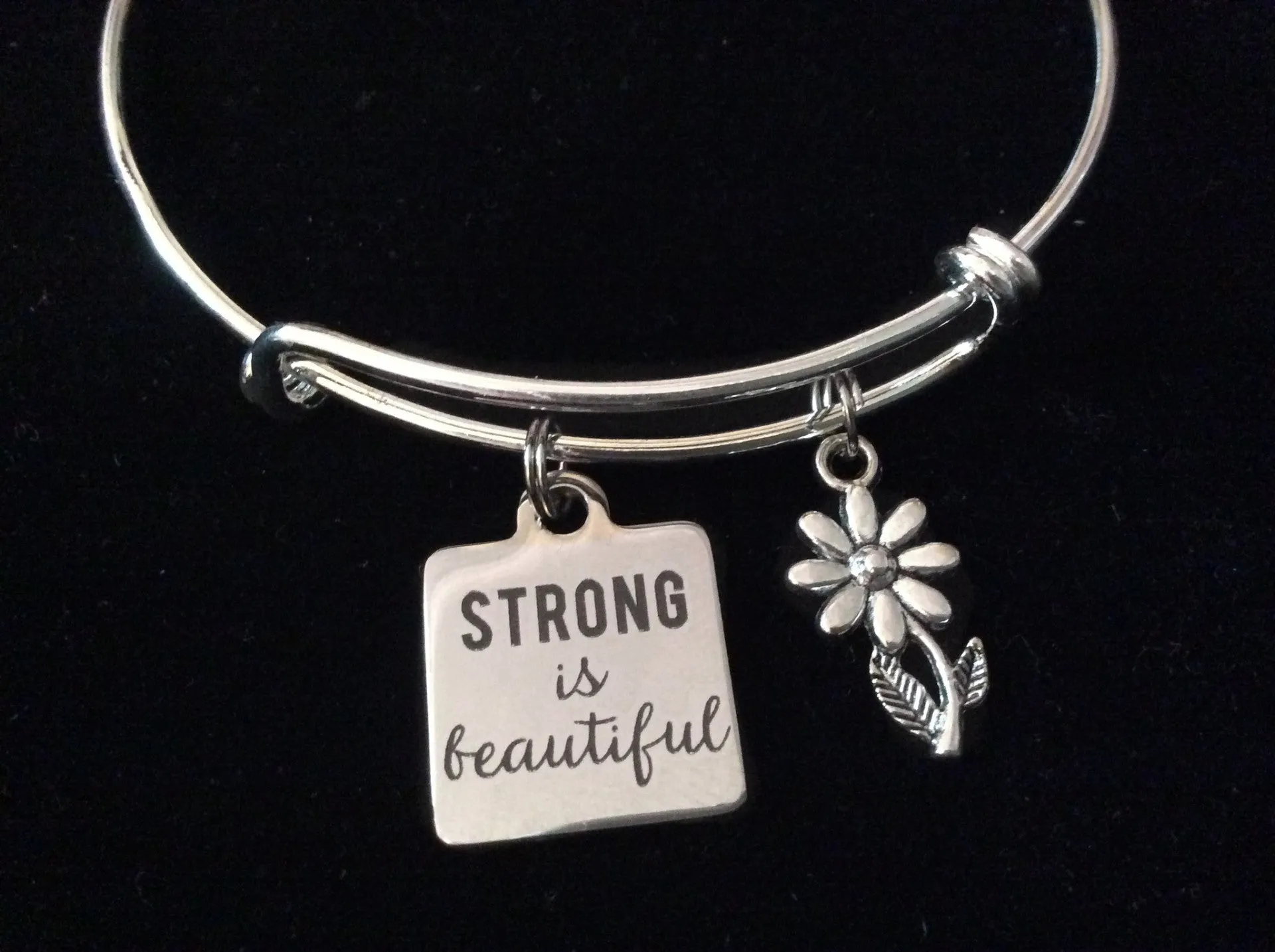 Strong is Beautiful Stainless Steel Charm on Silver Expandable Bracelet Adjustable Wire Bangle Handmade Stacking Gift Trendy
