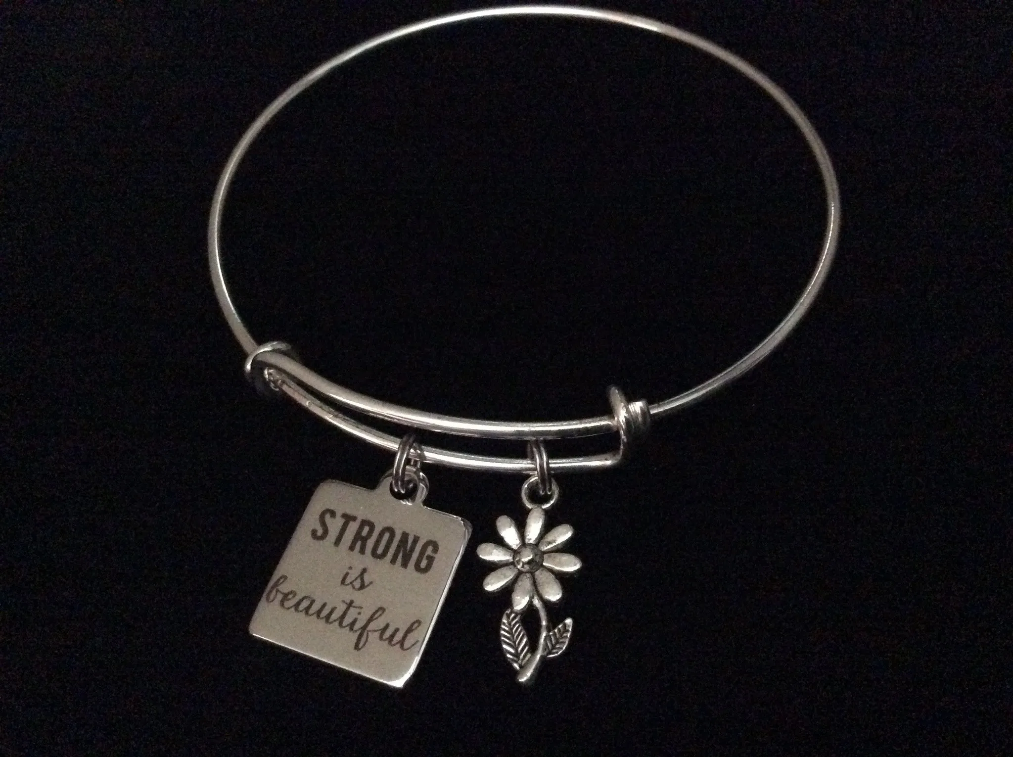 Strong is Beautiful Stainless Steel Charm on Silver Expandable Bracelet Adjustable Wire Bangle Handmade Stacking Gift Trendy