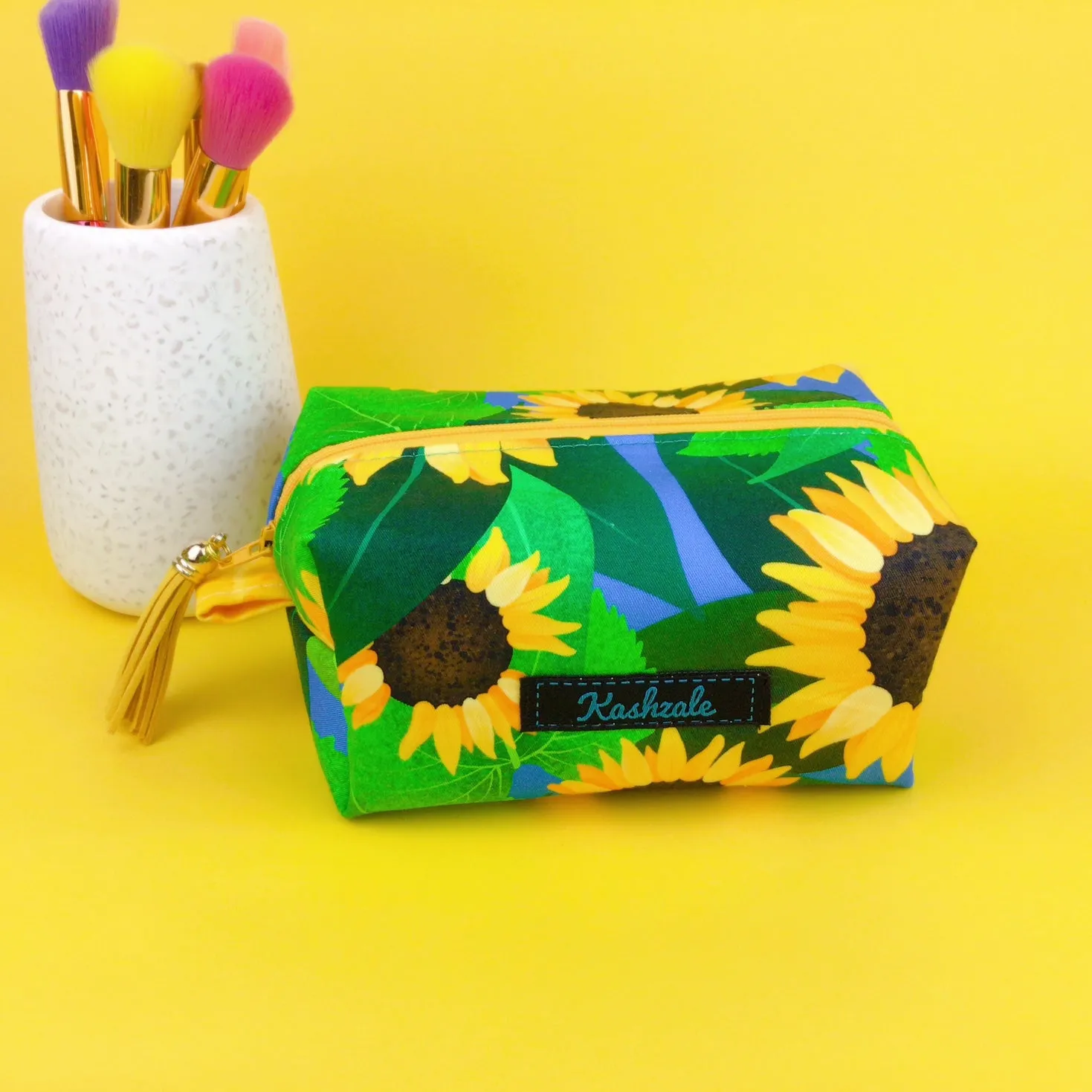 Sunny Flowers Medium Box Makeup Bag. Kasey Rainbow Design.