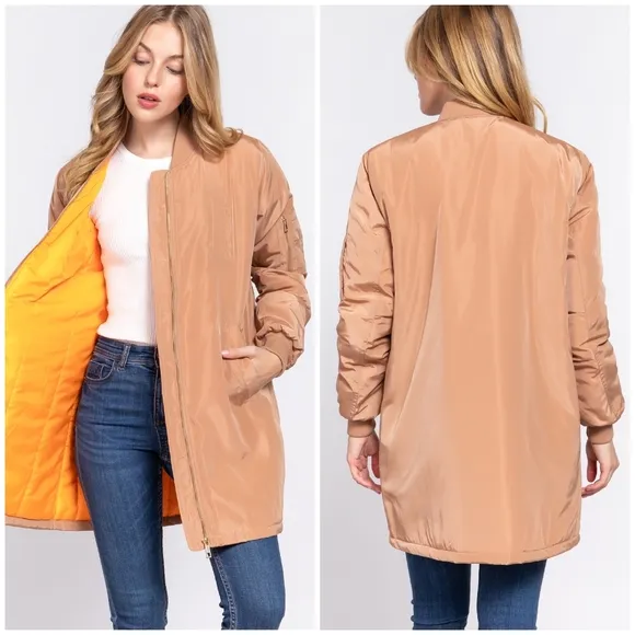 Taupe Long Line Bomber Jacket