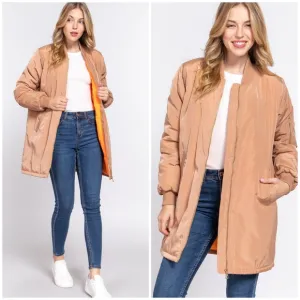 Taupe Long Line Bomber Jacket