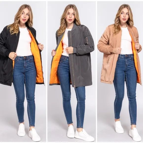Taupe Long Line Bomber Jacket