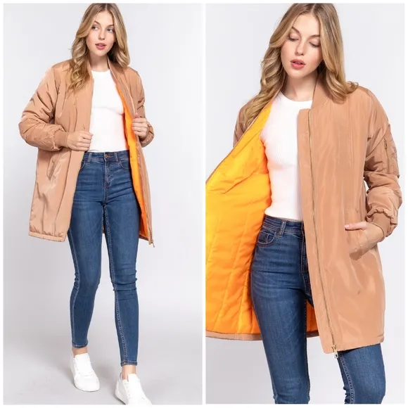 Taupe Long Line Bomber Jacket