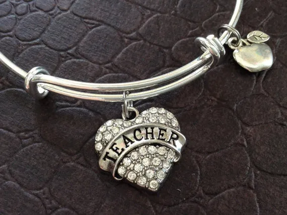Teacher Heart Charm on a Silver Expandable Bangle Bracelet Great Teacher Appreciation Gift