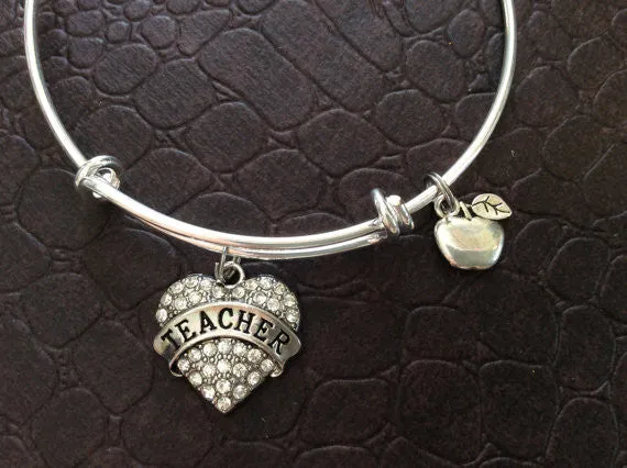 Teacher Heart Charm on a Silver Expandable Bangle Bracelet Great Teacher Appreciation Gift