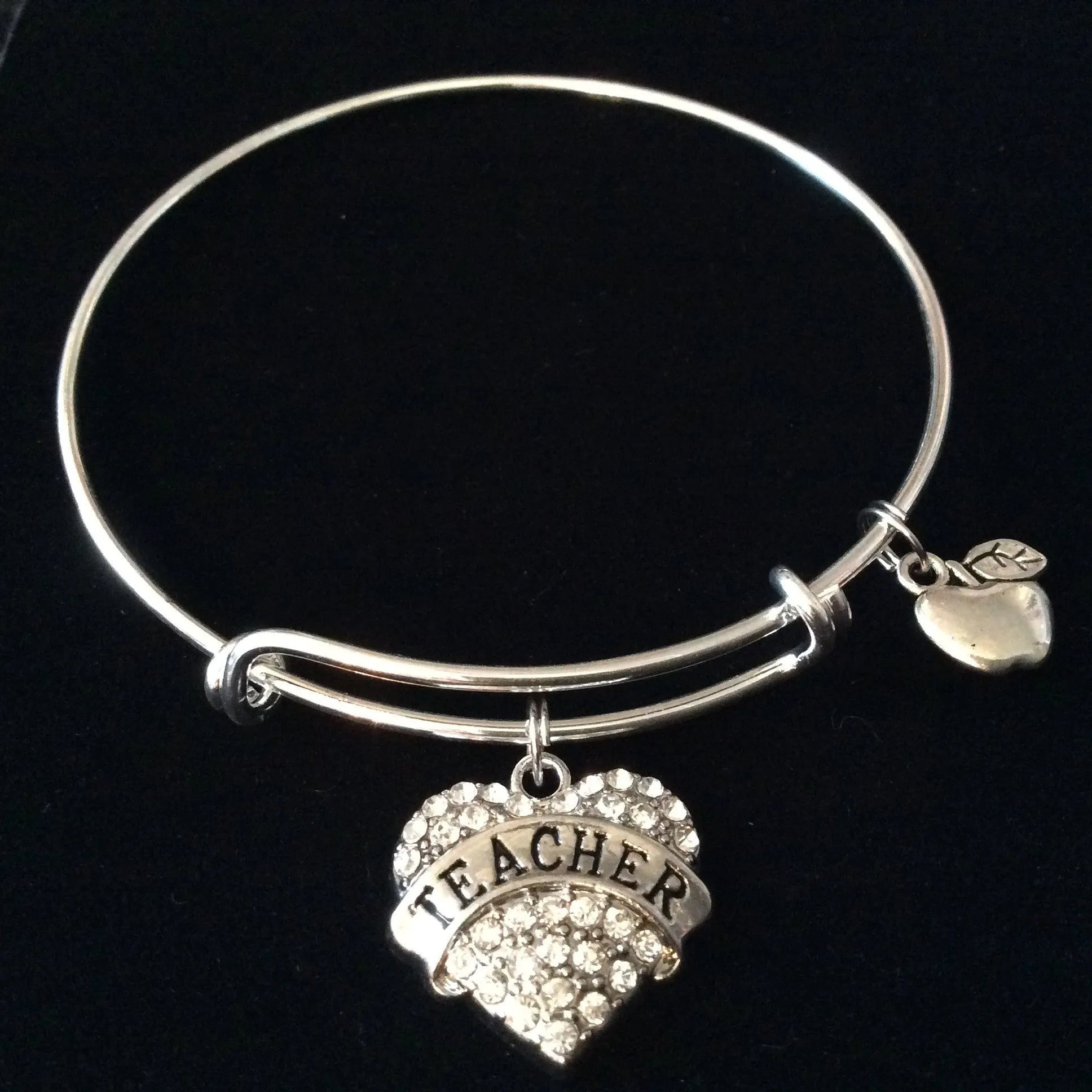 Teacher Heart Charm on a Silver Expandable Bangle Bracelet Great Teacher Appreciation Gift