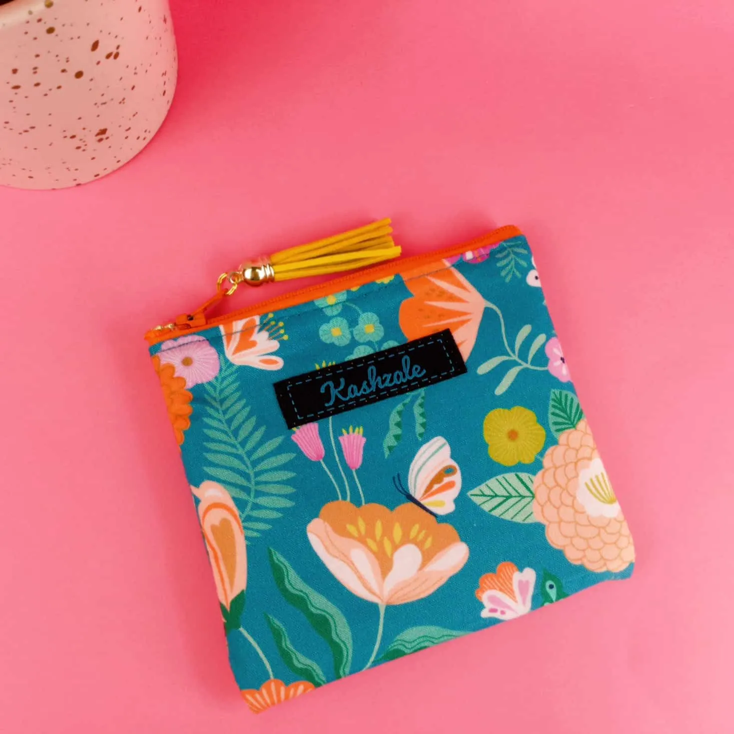 Teal and Peach Floral Coin Purse.