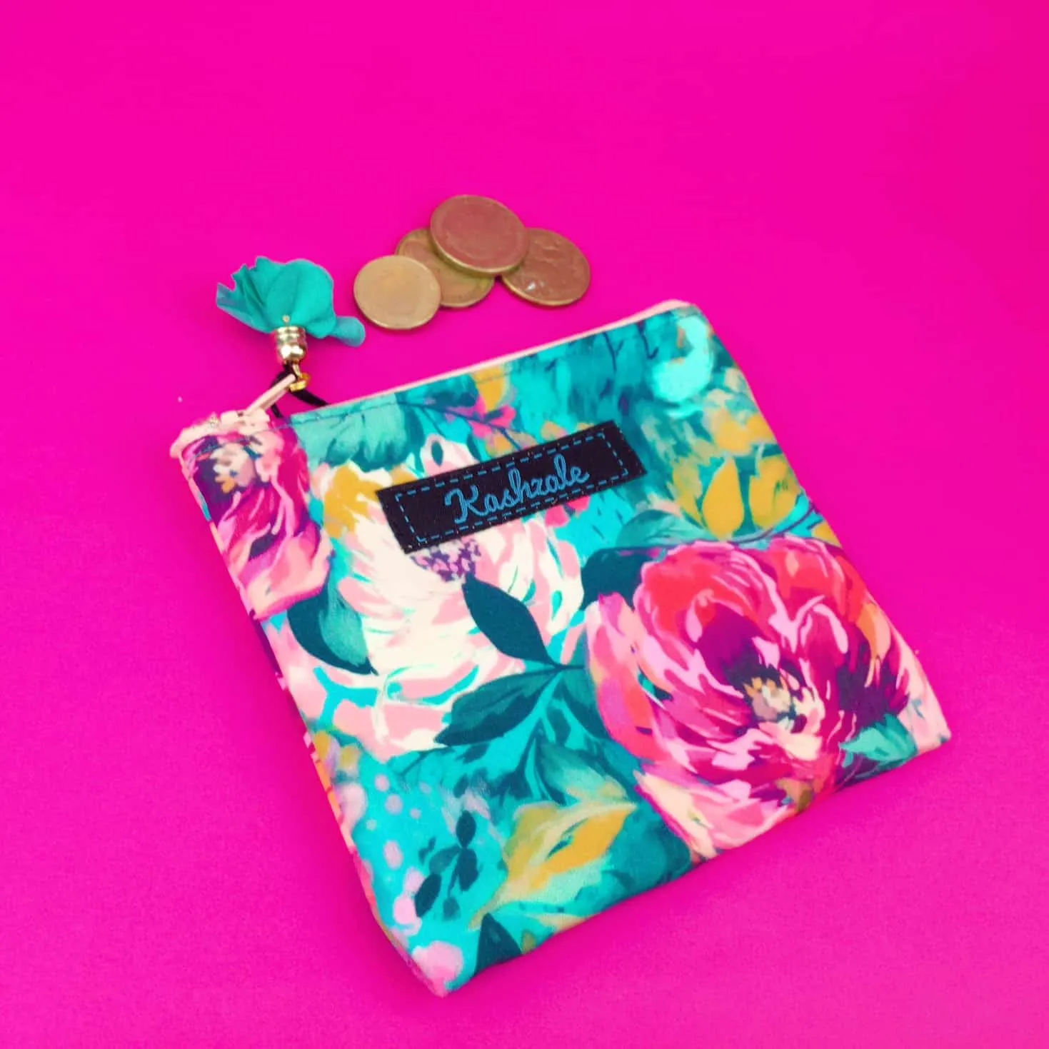 Teal and Pink Floral Coin Purse.