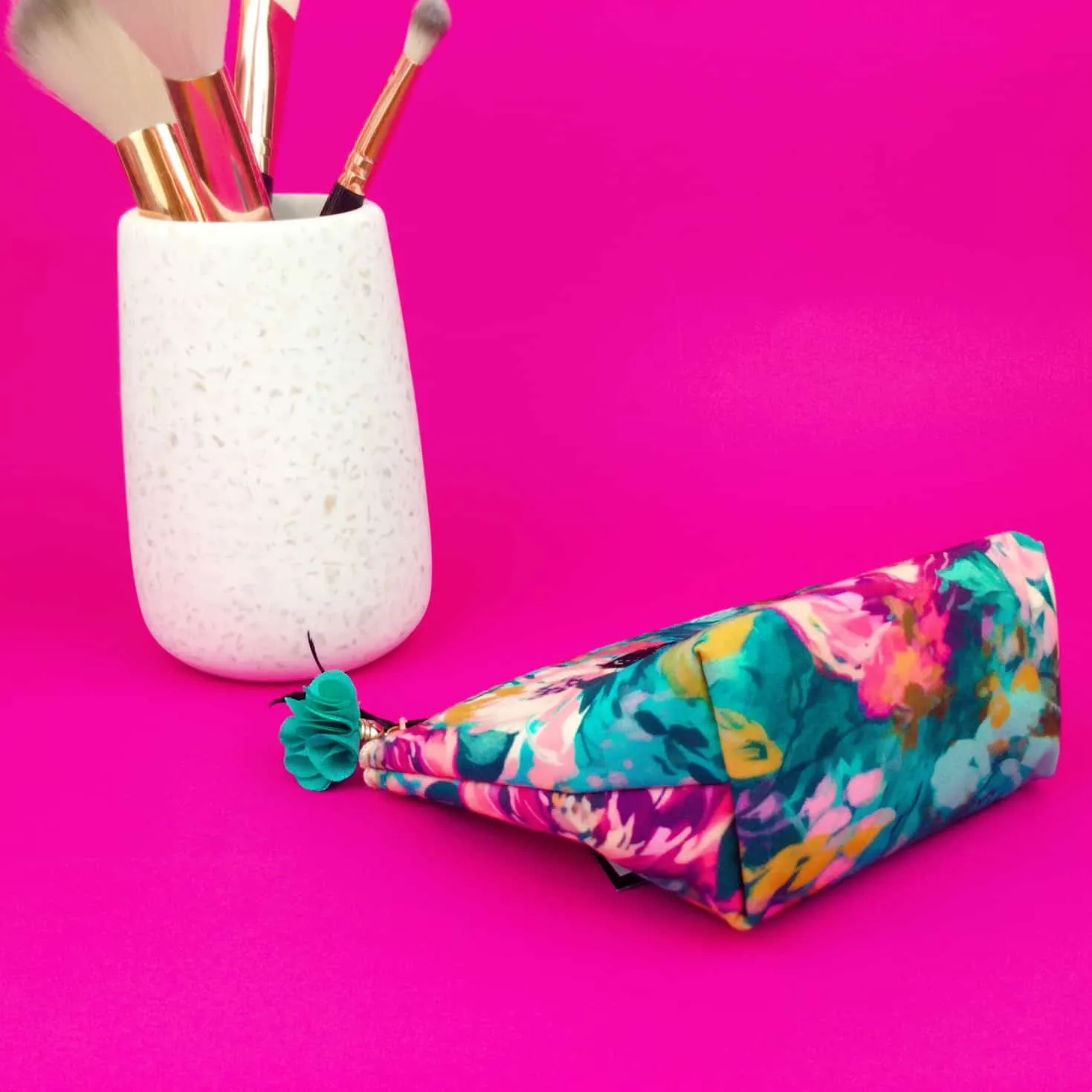 Teal and Pink Floral Small Makeup Bag.