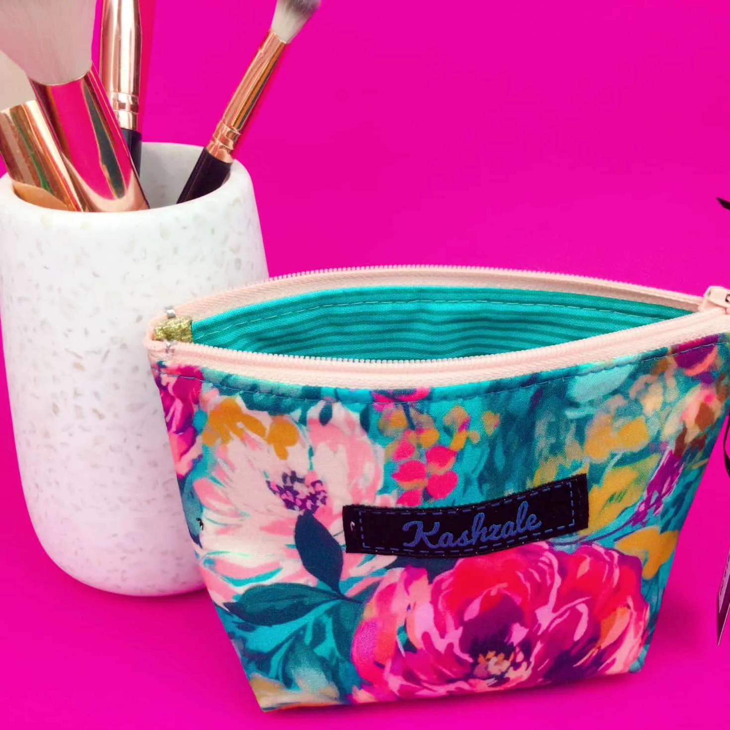 Teal and Pink Floral Small Makeup Bag.