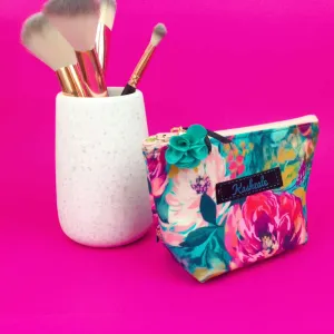 Teal and Pink Floral Small Makeup Bag.