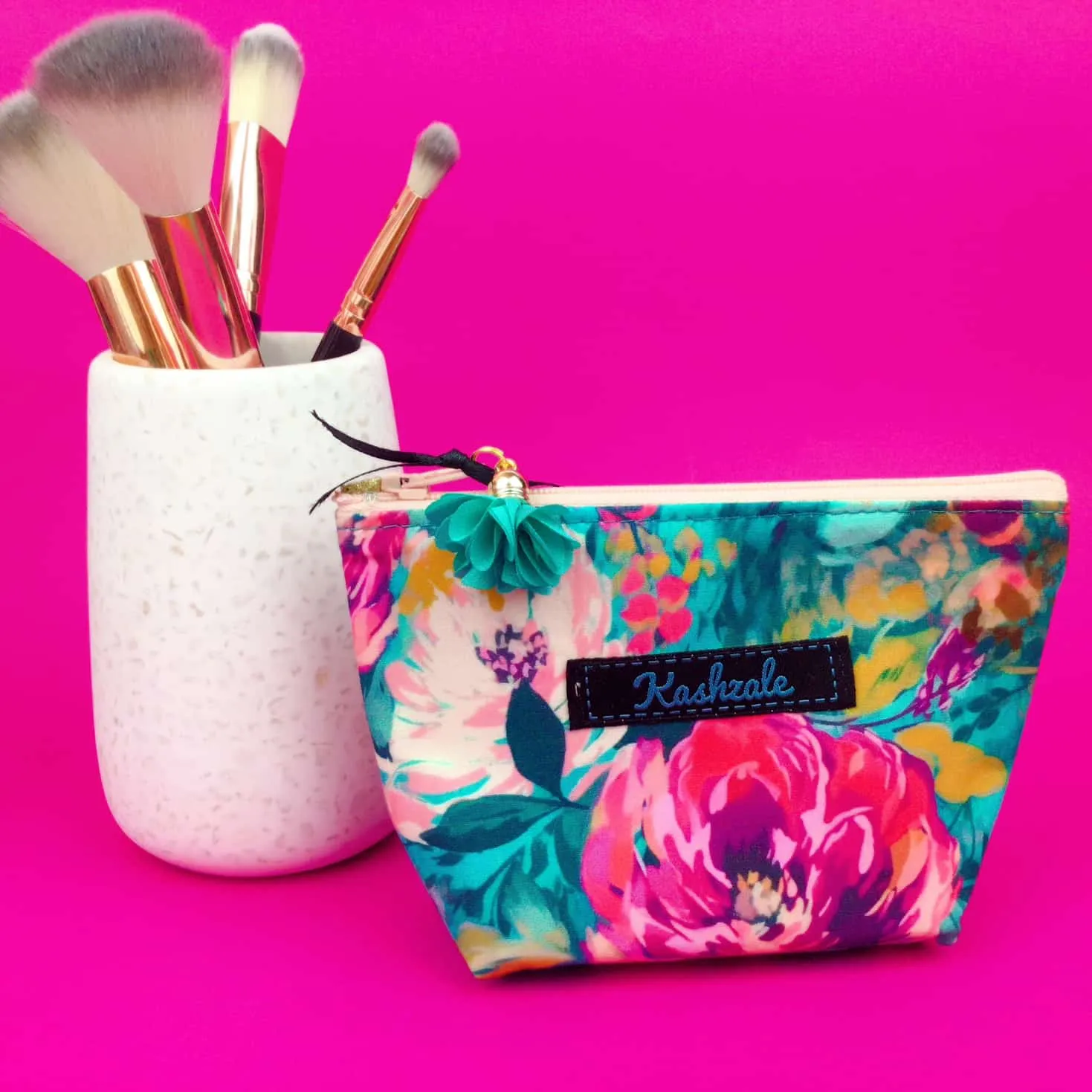 Teal and Pink Floral Small Makeup Bag.