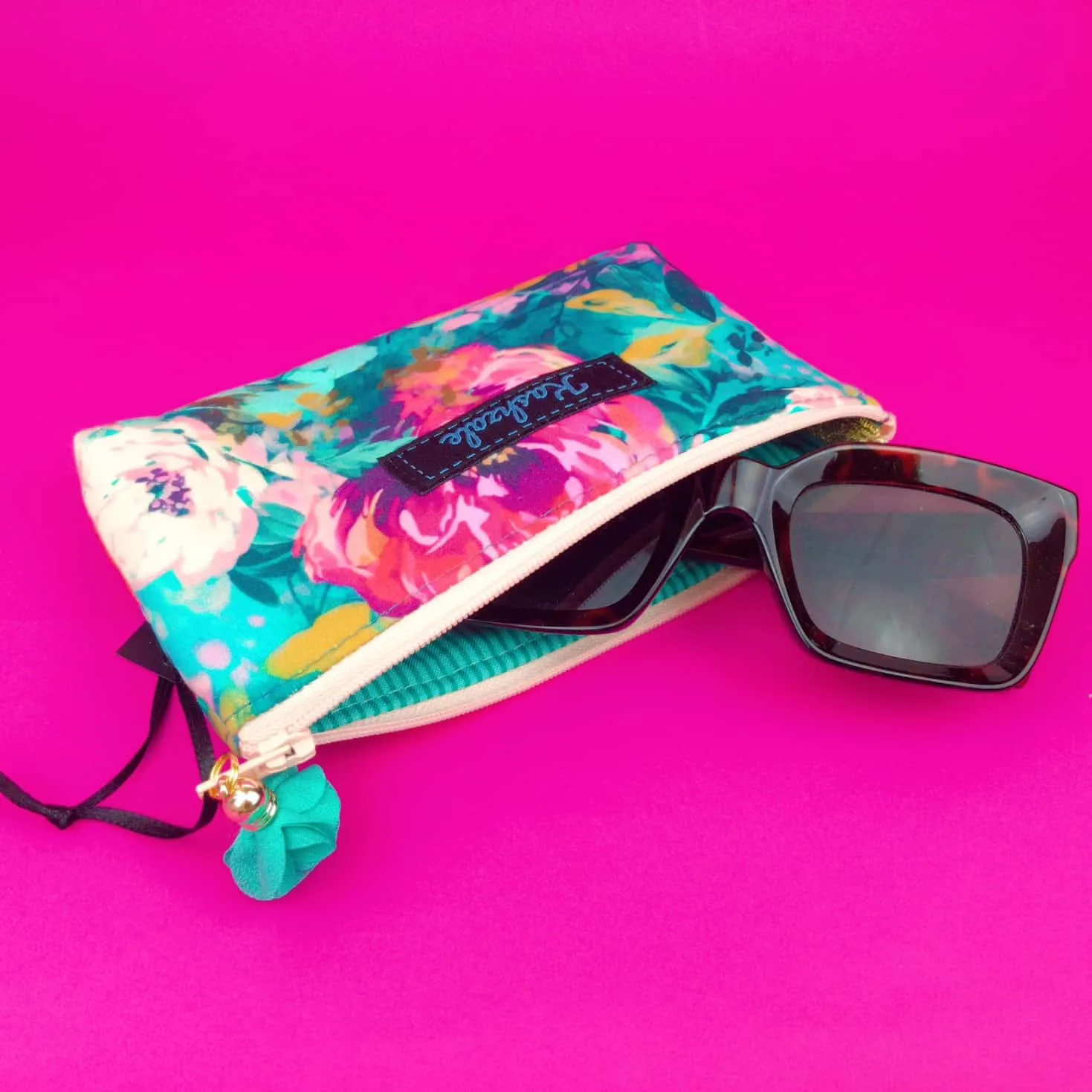 Teal and Pink Floral Sunglasses bag, glasses case.