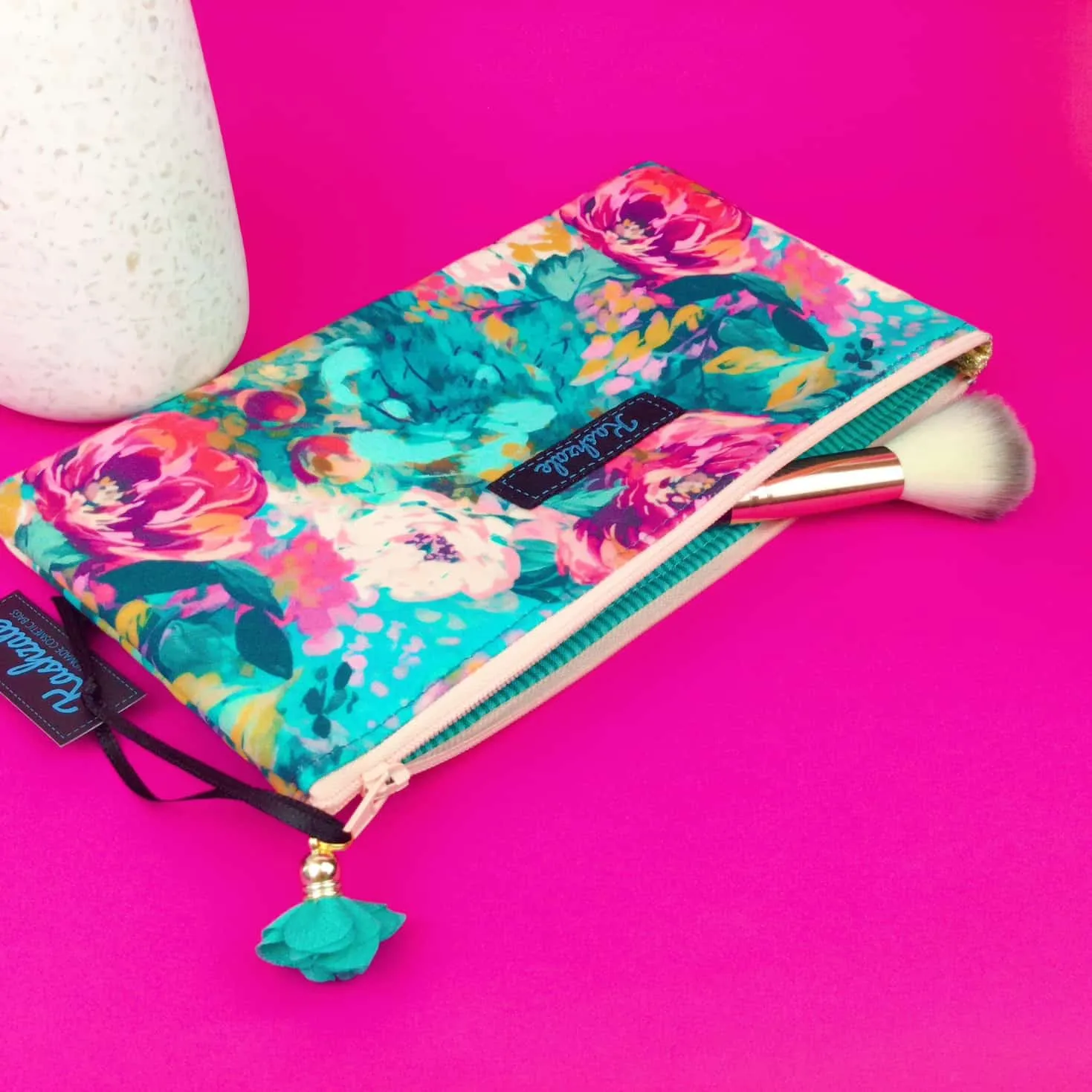Teal and Pink Floral Zipper Pouch, Travel Pouch.l