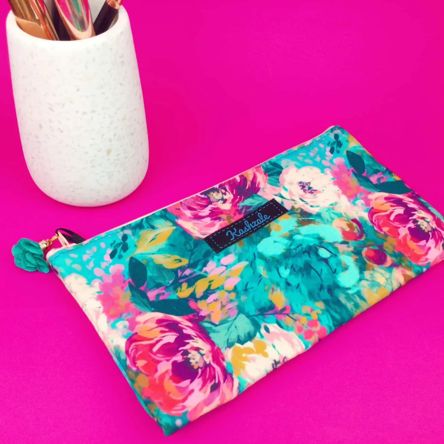 Teal and Pink Floral Zipper Pouch, Travel Pouch.l