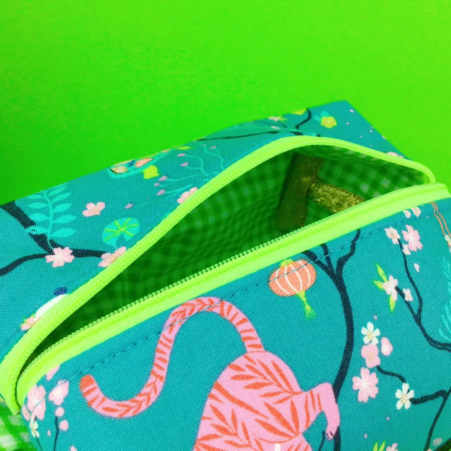 Teal Pandas and Tigers Medium Box Makeup Bag. Teal Makeup Bag