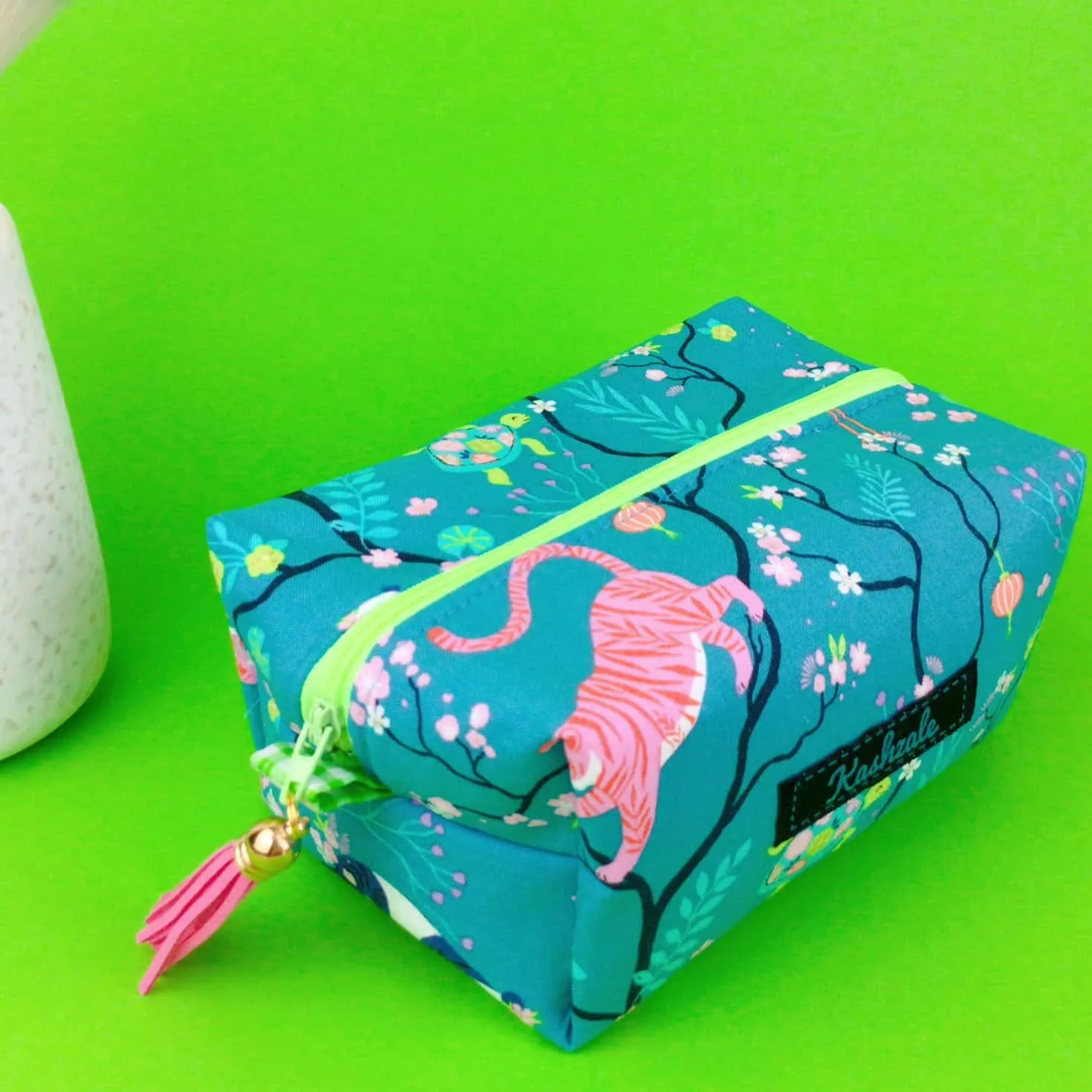 Teal Pandas and Tigers Medium Box Makeup Bag. Teal Makeup Bag