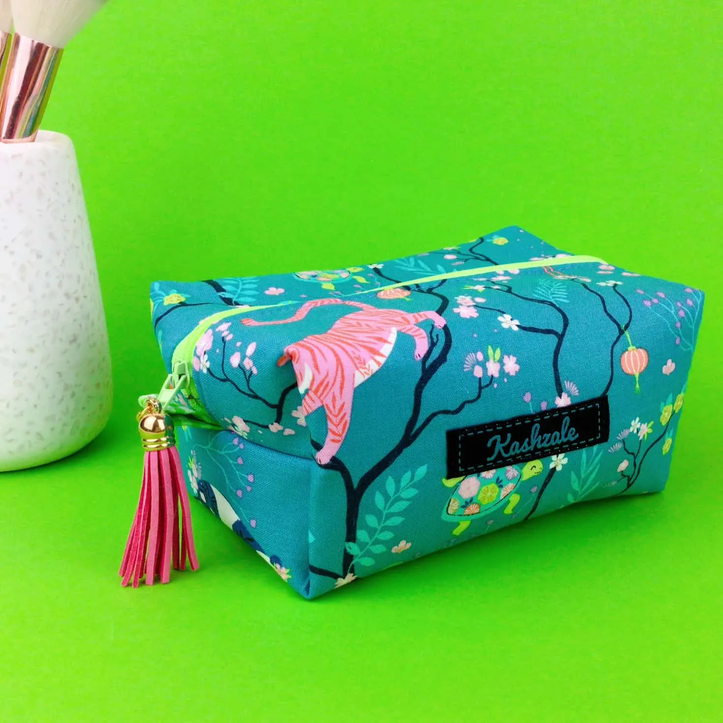 Teal Pandas and Tigers Medium Box Makeup Bag. Teal Makeup Bag