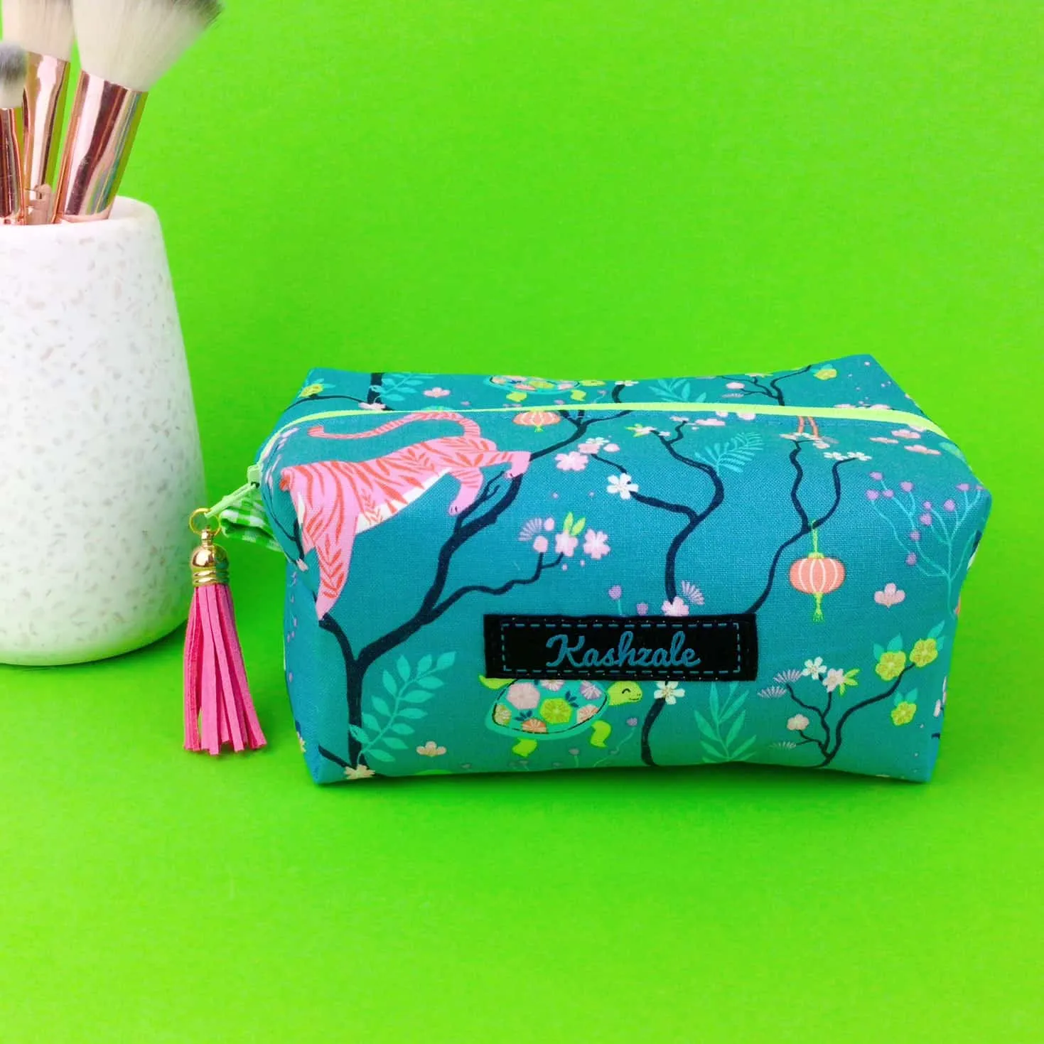 Teal Pandas and Tigers Medium Box Makeup Bag. Teal Makeup Bag