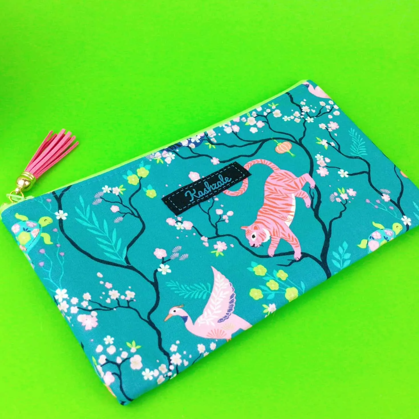 Teal Pandas and Tigers Zipper Pouch, Travel Pouch. Teal Travel Pouch