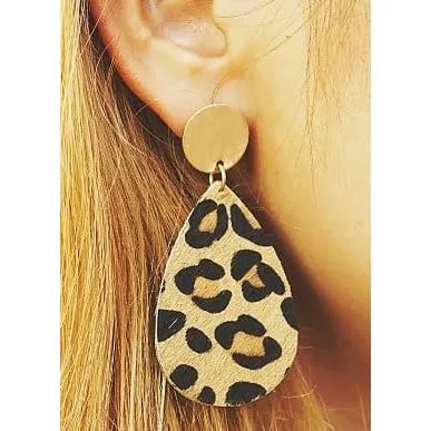 Tortoise Leatherette Teardrop Rond Metal Earrings