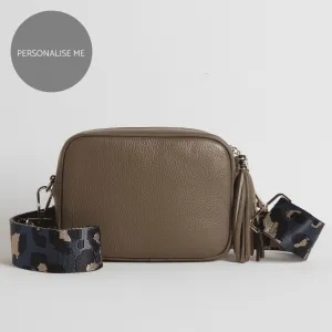 Verona Crossbody Dark Taupe Tassel Bag With Dark Blue Leopard Strap