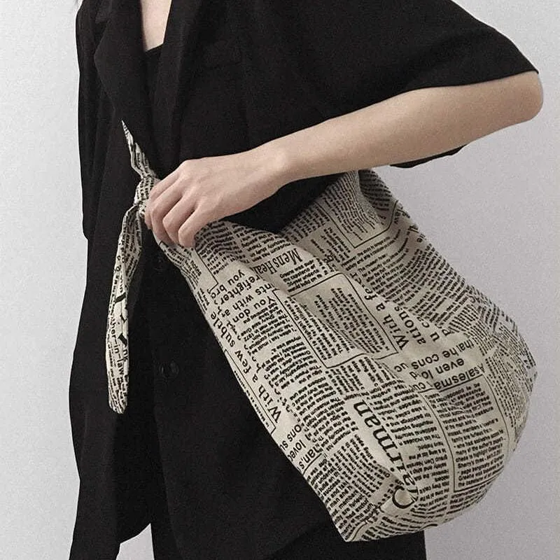 Women Canvas Bags Travel Casual Large Daily Shoulder Tote Shopper Handbag Simple English Newspaper Sense