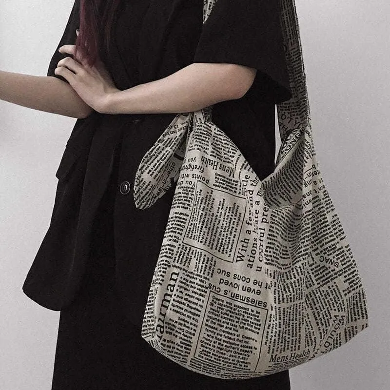 Women Canvas Bags Travel Casual Large Daily Shoulder Tote Shopper Handbag Simple English Newspaper Sense