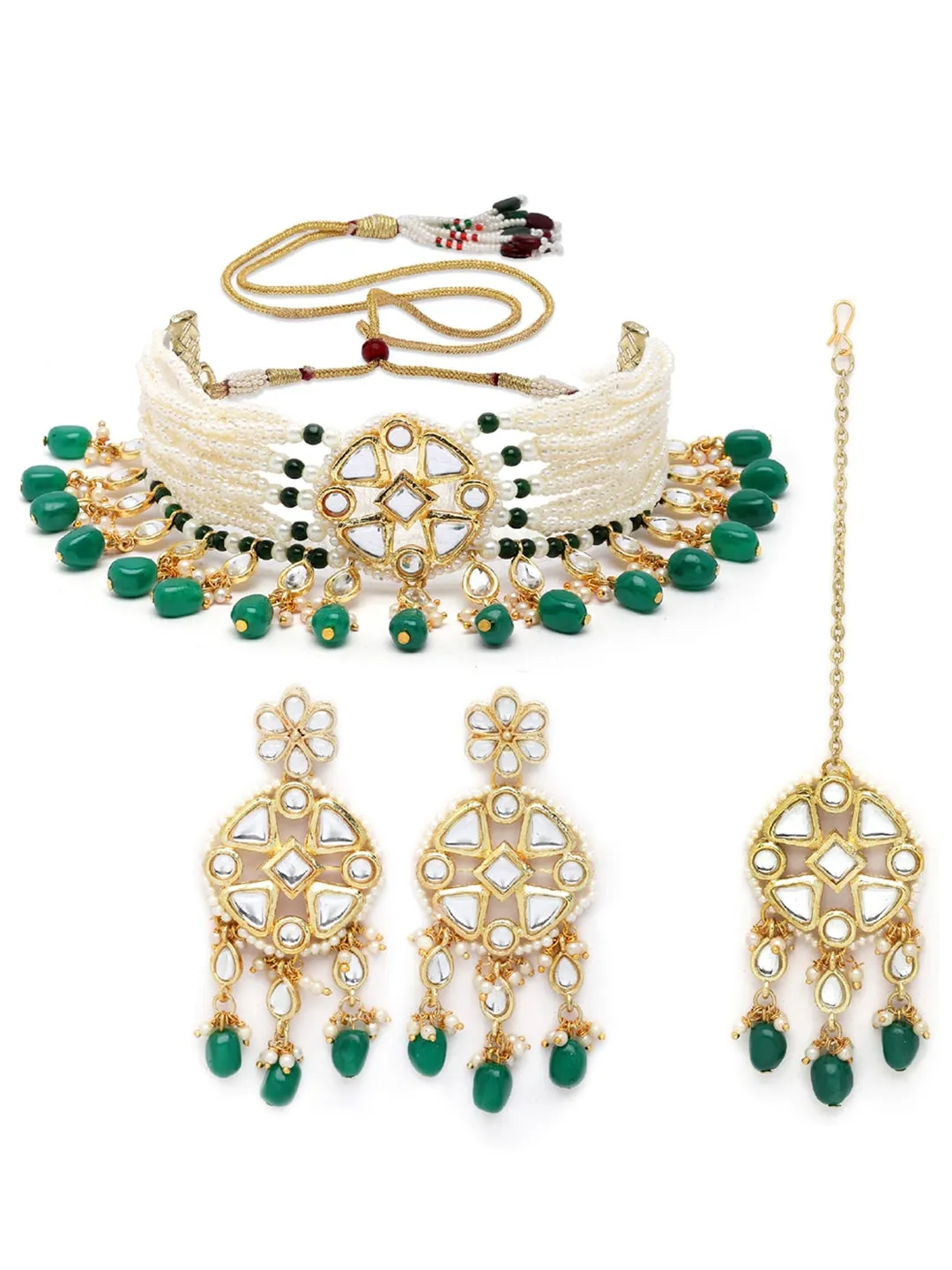 Women Gold Plated Green Tumble Studded Kundan Choker Necklace Set