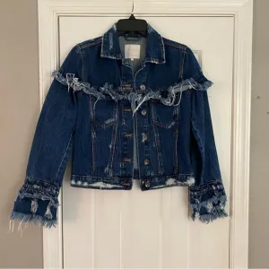 Zara Trafaluc Denimwear Fringe Frayed Jean Jacket XS Blue Denim Distressed