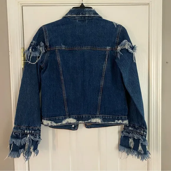 Zara Trafaluc Denimwear Fringe Frayed Jean Jacket XS Blue Denim Distressed