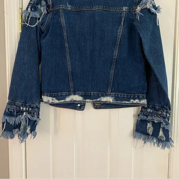 Zara Trafaluc Denimwear Fringe Frayed Jean Jacket XS Blue Denim Distressed
