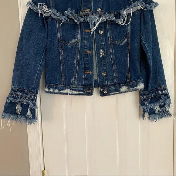 Zara Trafaluc Denimwear Fringe Frayed Jean Jacket XS Blue Denim Distressed